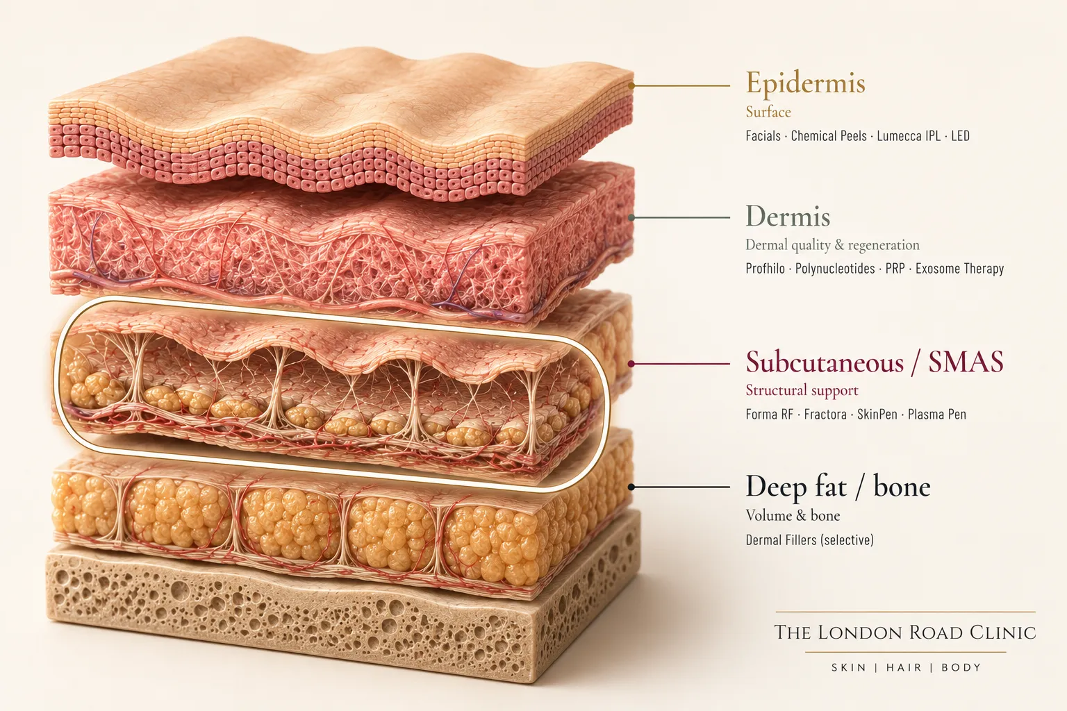 Cross-section diagram of the layered architecture of facial skin, showing how weight-loss medication empties the deep and superficial fat compartments faster than the dermis and surface above can adapt, loosening the structural support beneath the face.