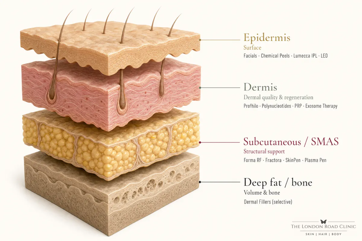 Cross-section diagram of the four layers of skin: epidermis, dermis, subcutaneous SMAS, and deep fat and bone, each labelled with the treatments suited to it.