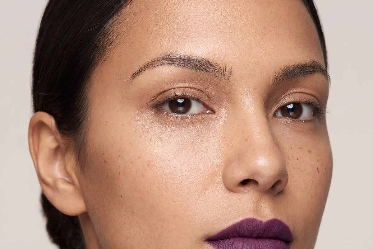 Studio beauty portrait, a dark-haired woman in her twenties, head and shoulders against a neutral backdrop, skin texture unretouched.