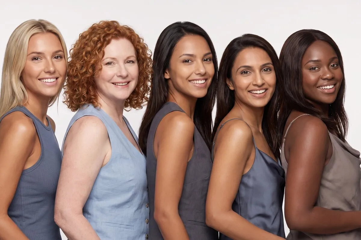 Studio photograph, five women of different ages and skin tones standing in a staggered line against a pale backdrop.