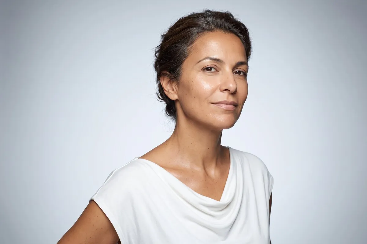 Composed studio portrait, a dark-haired woman in her fifties, head and shoulders against a pale grey backdrop.