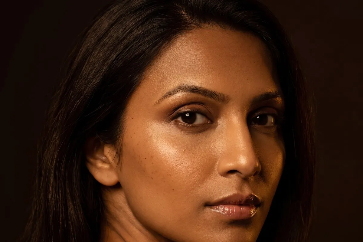 Low-key studio portrait, a dark-haired woman in her thirties, warm light falling across one side of the face.