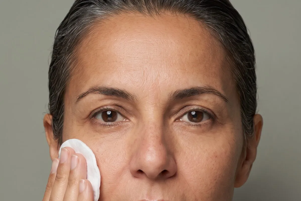 Studio photograph, a dark-haired woman in her fifties, removing cleanser with a cotton pad, bare skin unretouched.