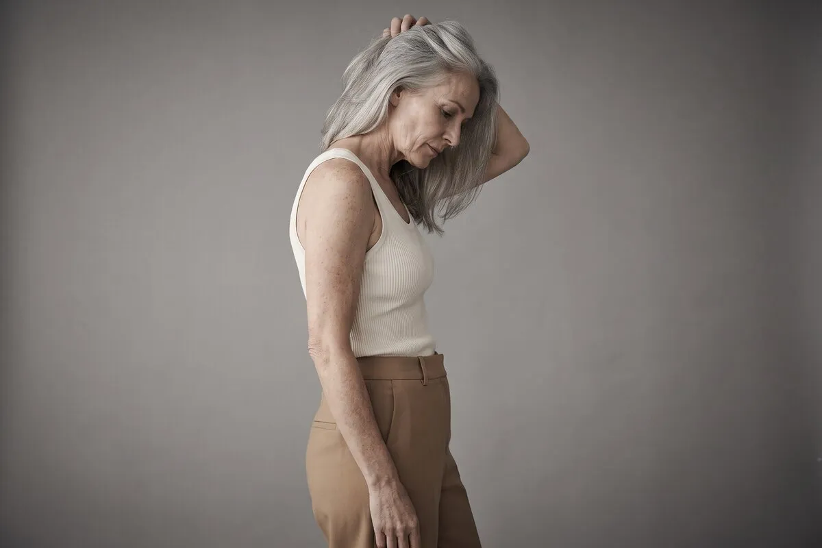 Full-length studio photograph, a silver-haired woman in her fifties, standing in plain clothing against a grey wall.