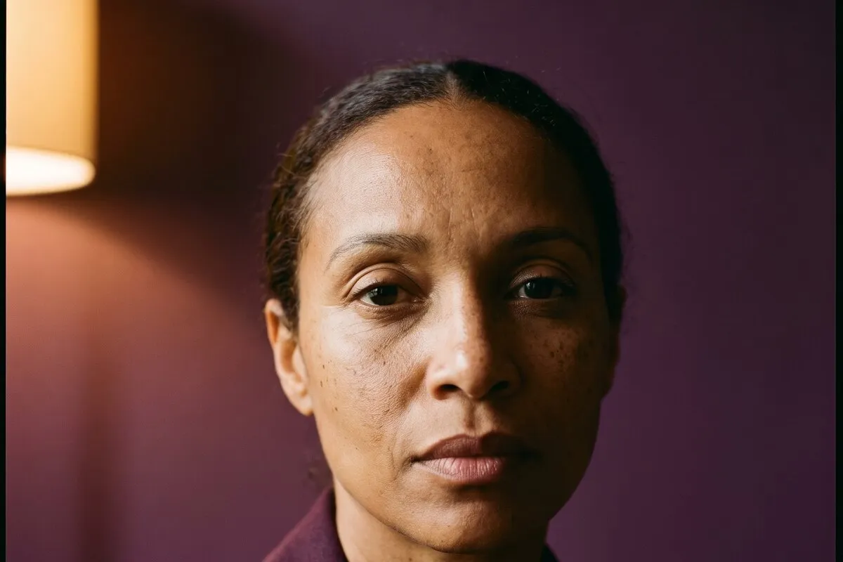 Studio portrait, a woman in her forties, against an aubergine backdrop in a matching knit, low warm light.