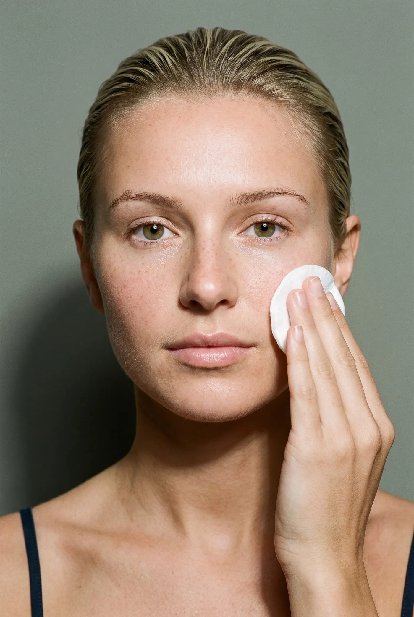 Studio photograph, a fair-haired woman in her twenties, removing cleanser with a cotton pad, bare skin unretouched.