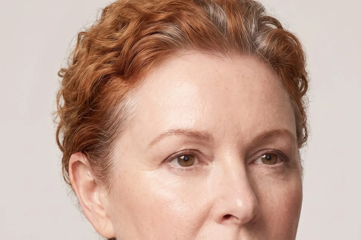 Studio beauty portrait, a red-haired woman in her fifties, head and shoulders against a neutral backdrop, skin texture unretouched.