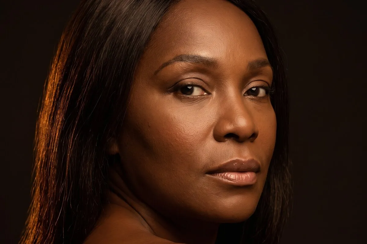 Low-key studio portrait, a woman in her fifties, warm light falling across one shoulder.