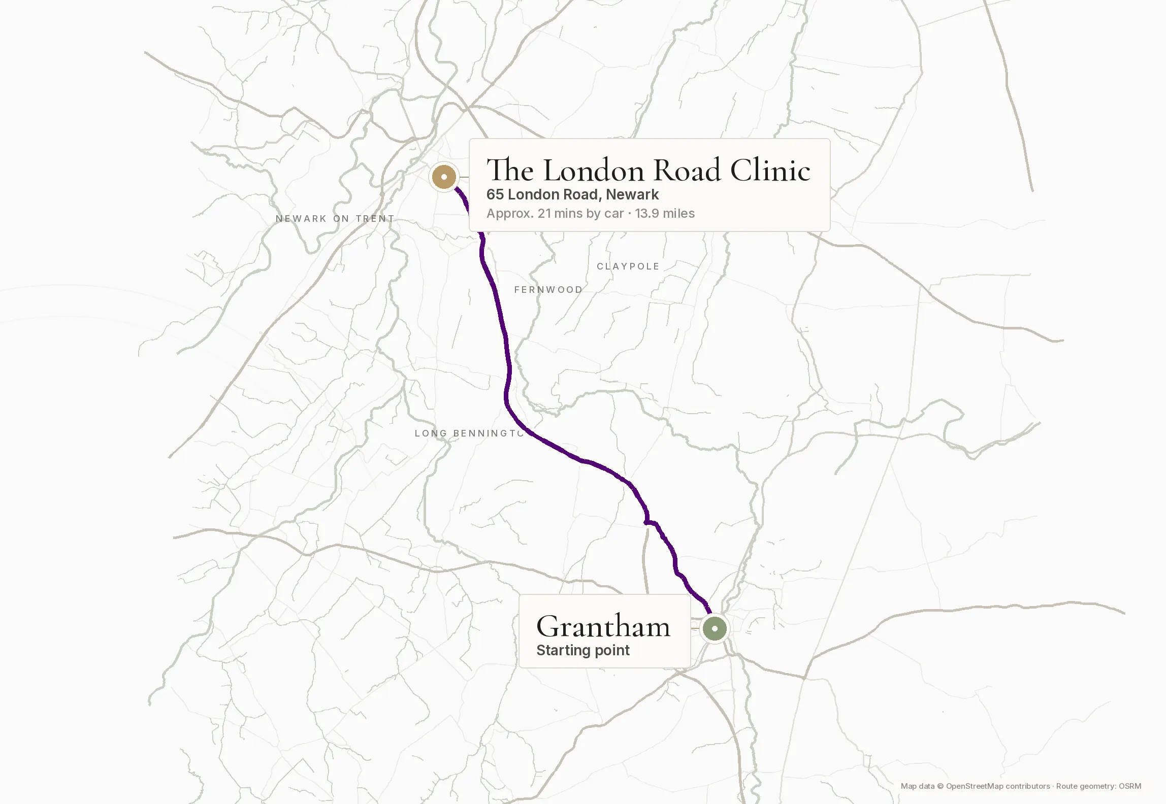 Route map of the A1 drive north from Grantham to The London Road Clinic at 65 London Road, Newark, passing Long Bennington. Around 14 miles.