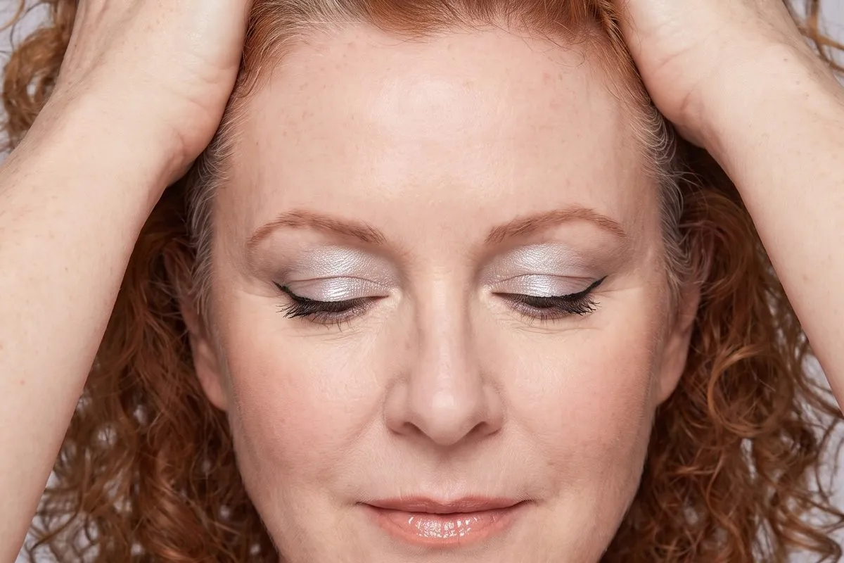 Beauty crop, a red-haired woman in her fifties, hands lifted into the hair, eye make-up in shot.