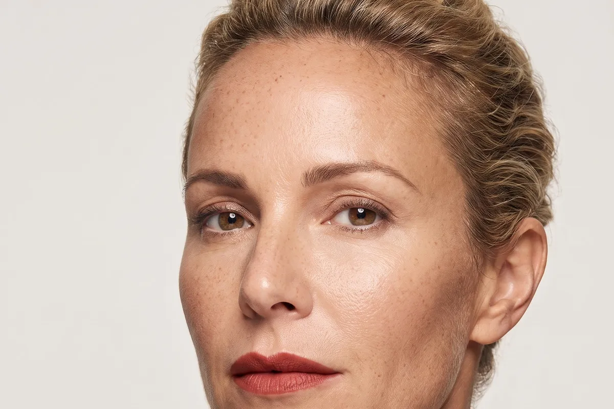 Studio beauty portrait, a fair-haired woman in her forties, head and shoulders against a neutral backdrop, skin texture unretouched.