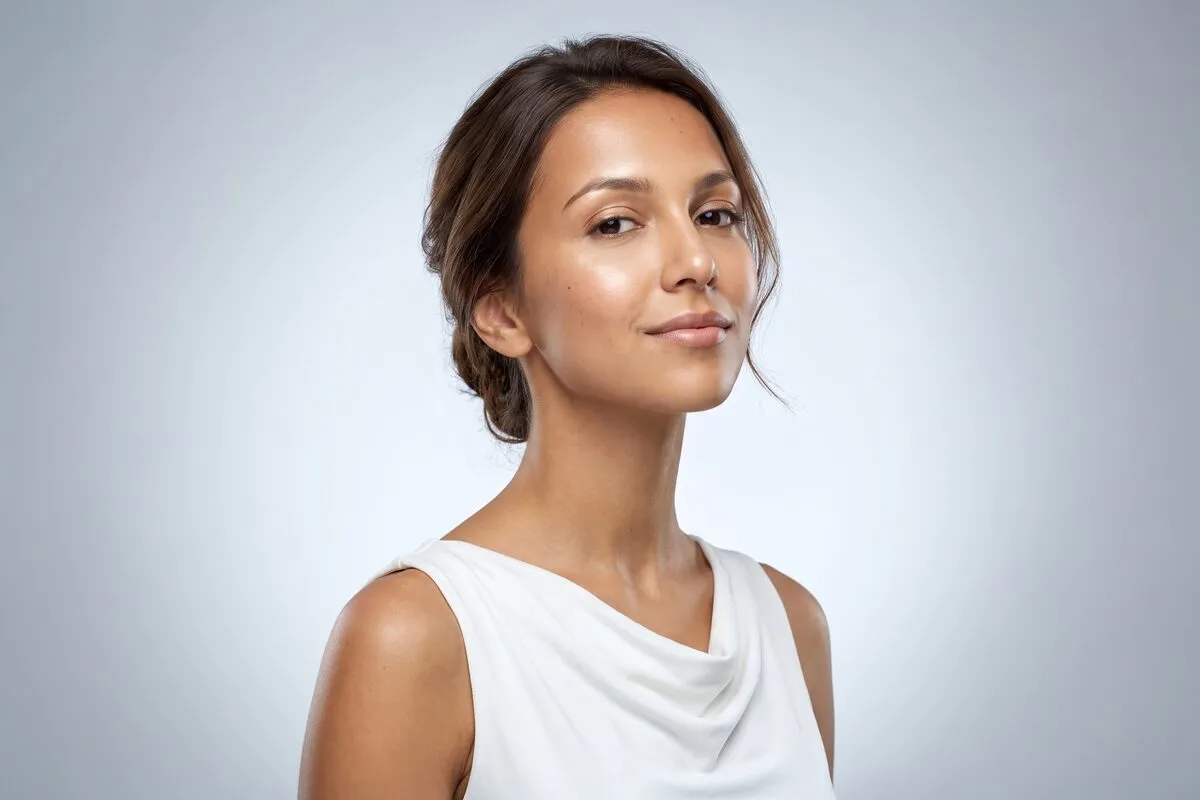 Composed studio portrait, a dark-haired woman in her twenties, hair pinned back, head and shoulders against a pale grey backdrop.