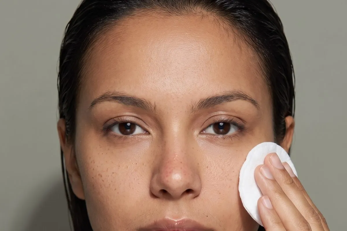 Studio photograph, a dark-haired woman in her twenties, removing cleanser with a cotton pad, bare skin unretouched.