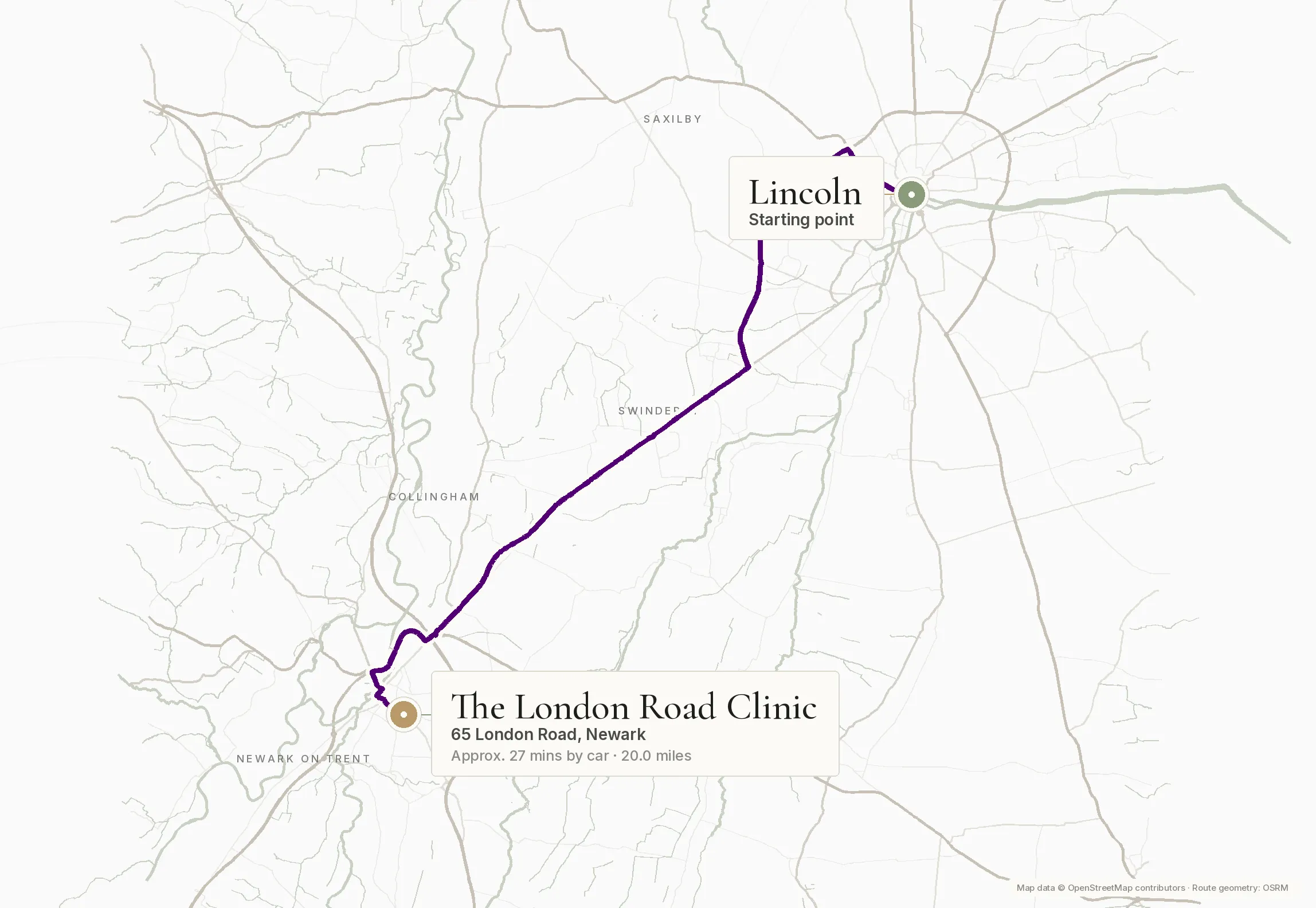 Route map of the A46 drive south-west from Lincoln to The London Road Clinic at 65 London Road, Newark, passing Swinderby and Collingham. Around 20 miles.