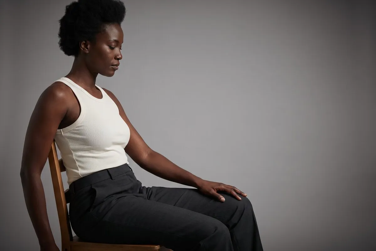 Full-length studio photograph, a woman in her forties, seated on a wooden chair against a grey wall.