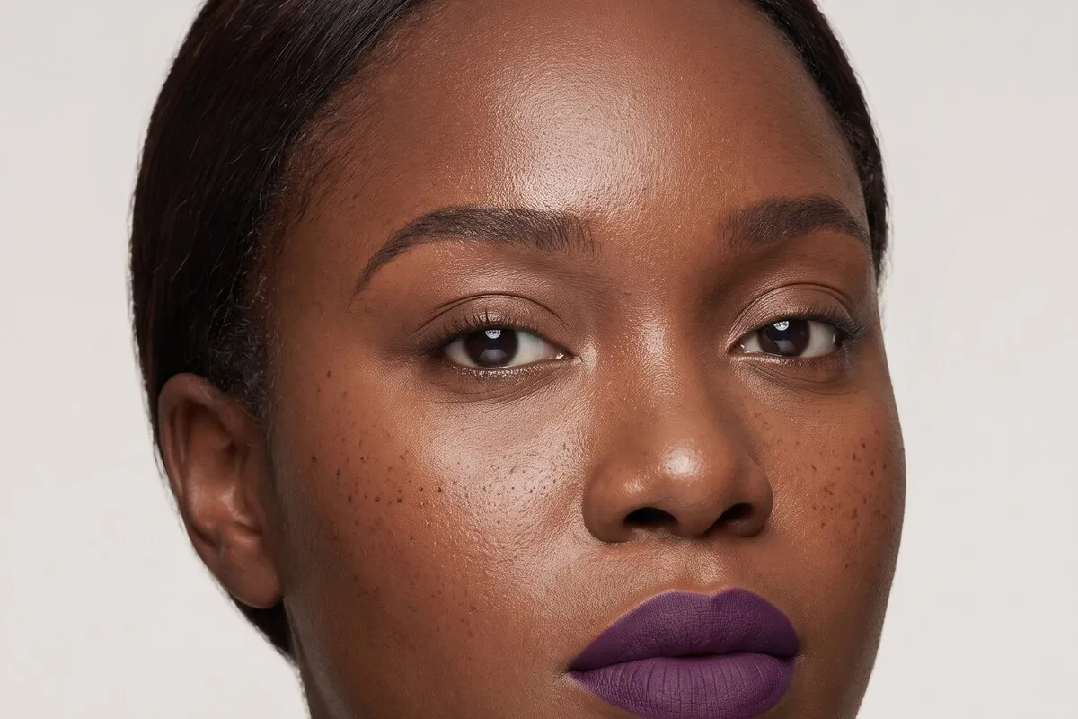 Studio beauty portrait, a woman in her twenties, head and shoulders against a neutral backdrop, skin texture unretouched.