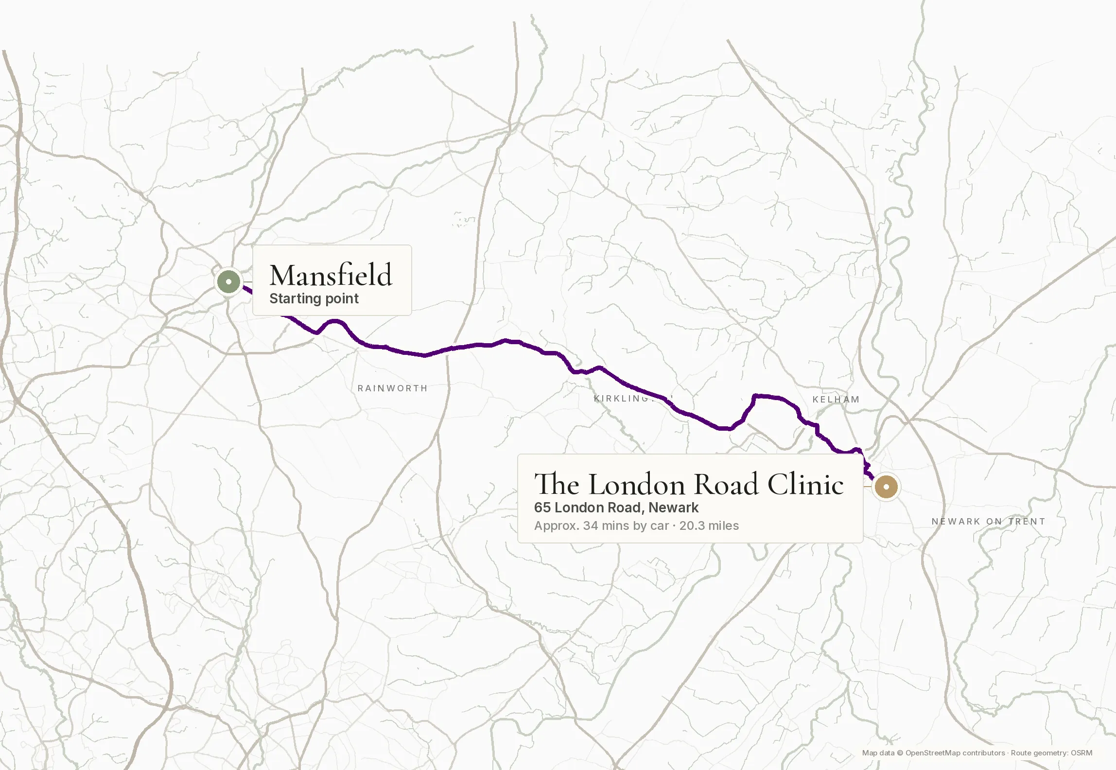 Route map of the A617 drive east from Mansfield to The London Road Clinic at 65 London Road, Newark, passing Rainworth and Kelham. Around 20 miles.