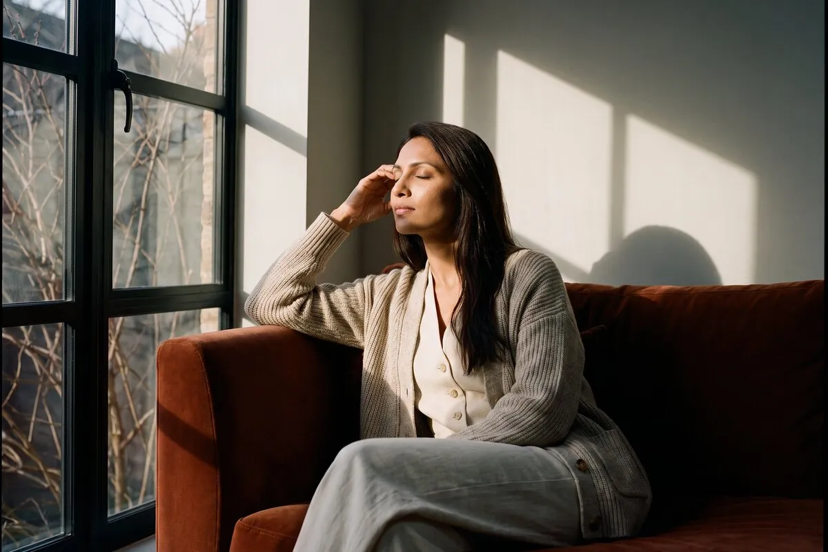 Interior photograph, a dark-haired woman in her thirties, seated on a sofa, window light falling across the wall behind her.