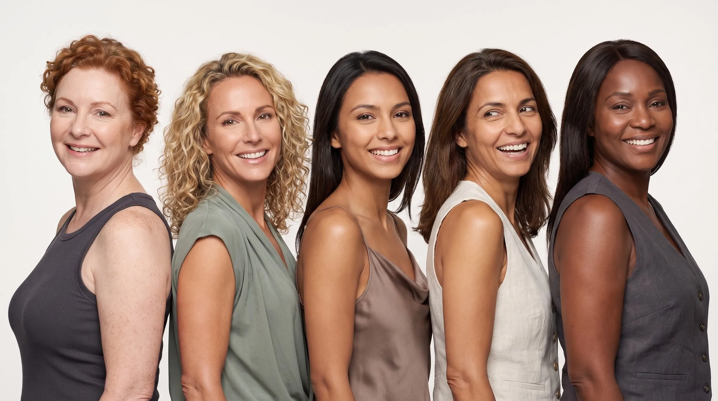 Studio photograph, five women of different ages and skin tones standing in a staggered line against a pale backdrop.