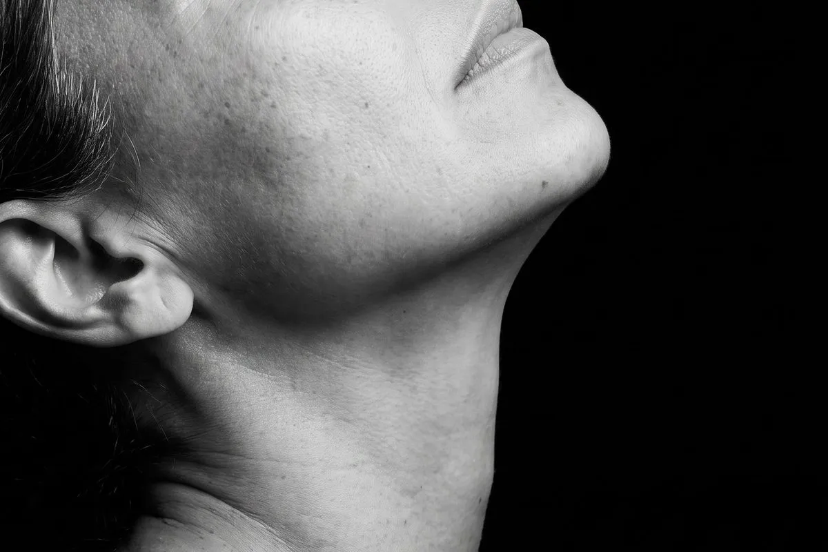 Black and white studio photograph, a dark-haired woman in her fifties, neck and collarbone against a dark ground.