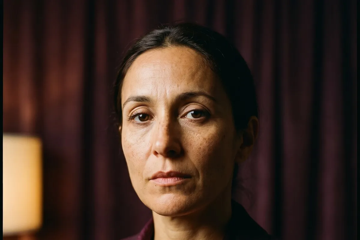 Portrait, a dark-haired woman in her forties, hair drawn back, against a dark aubergine curtain with a lamp glowing at the edge of the frame, freckles and fine lines unretouched.