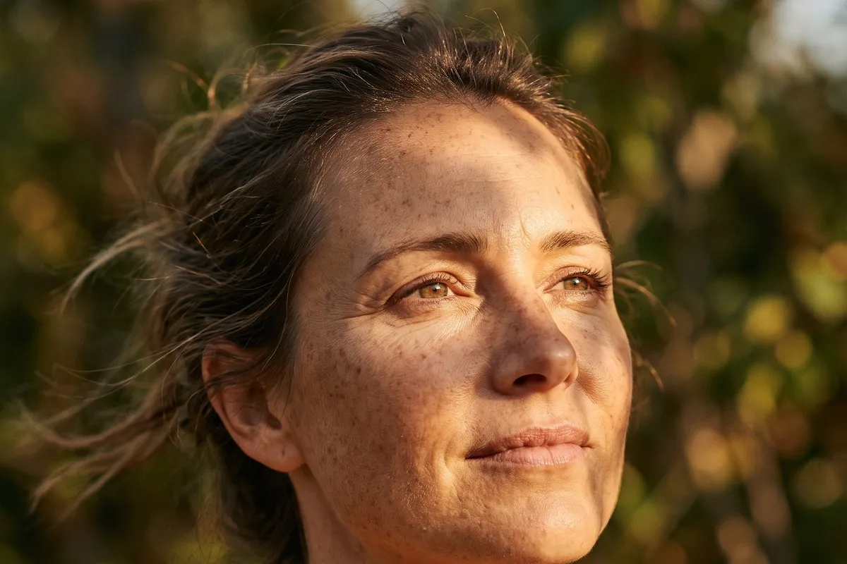 Daylight portrait, a woman in her forties with light brown hair pulled back, dappled leaf light across the face, freckles and fine lines visible.