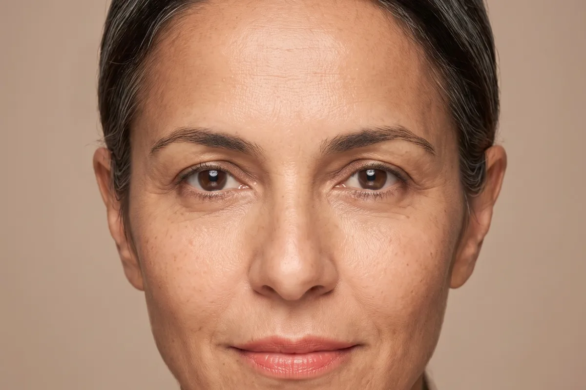 Symmetrical studio headshot, a dark-haired woman in her fifties, plain backdrop, no styling, skin texture unretouched.