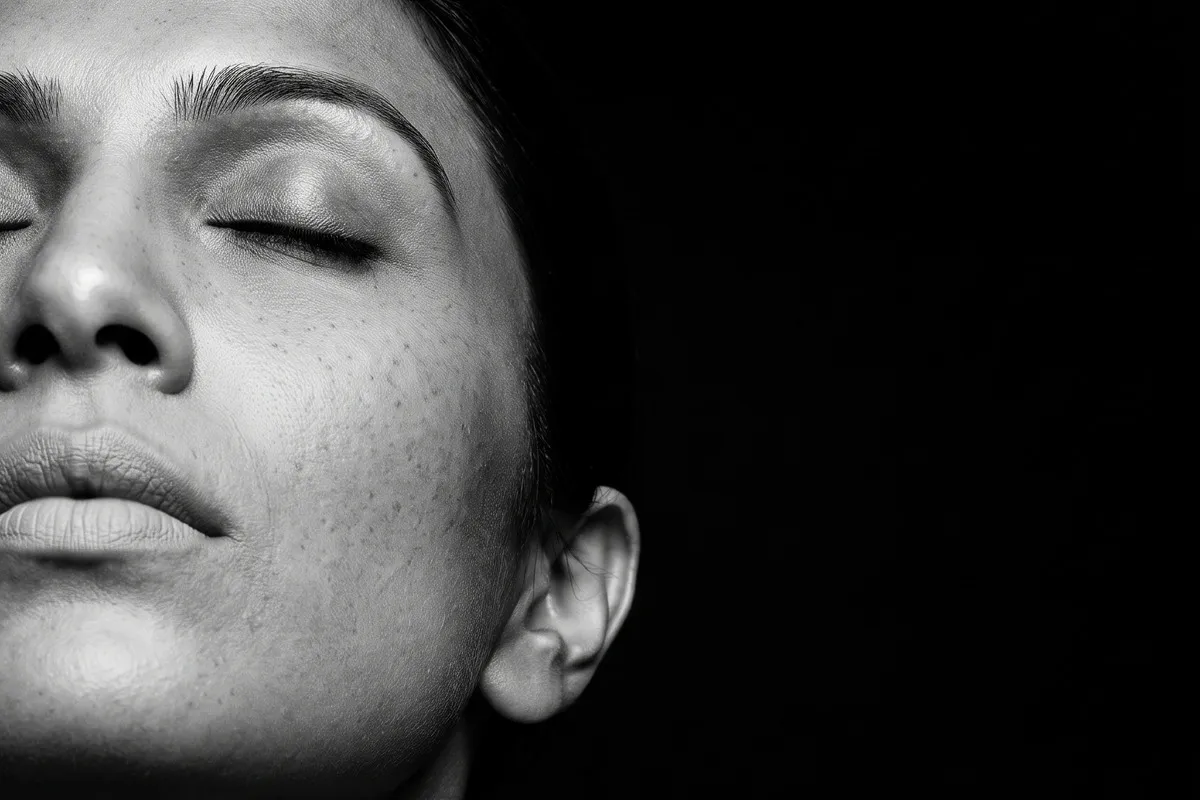 Black and white studio photograph, a dark-haired woman in her thirties, eyes closed against a dark ground, skin texture unretouched.