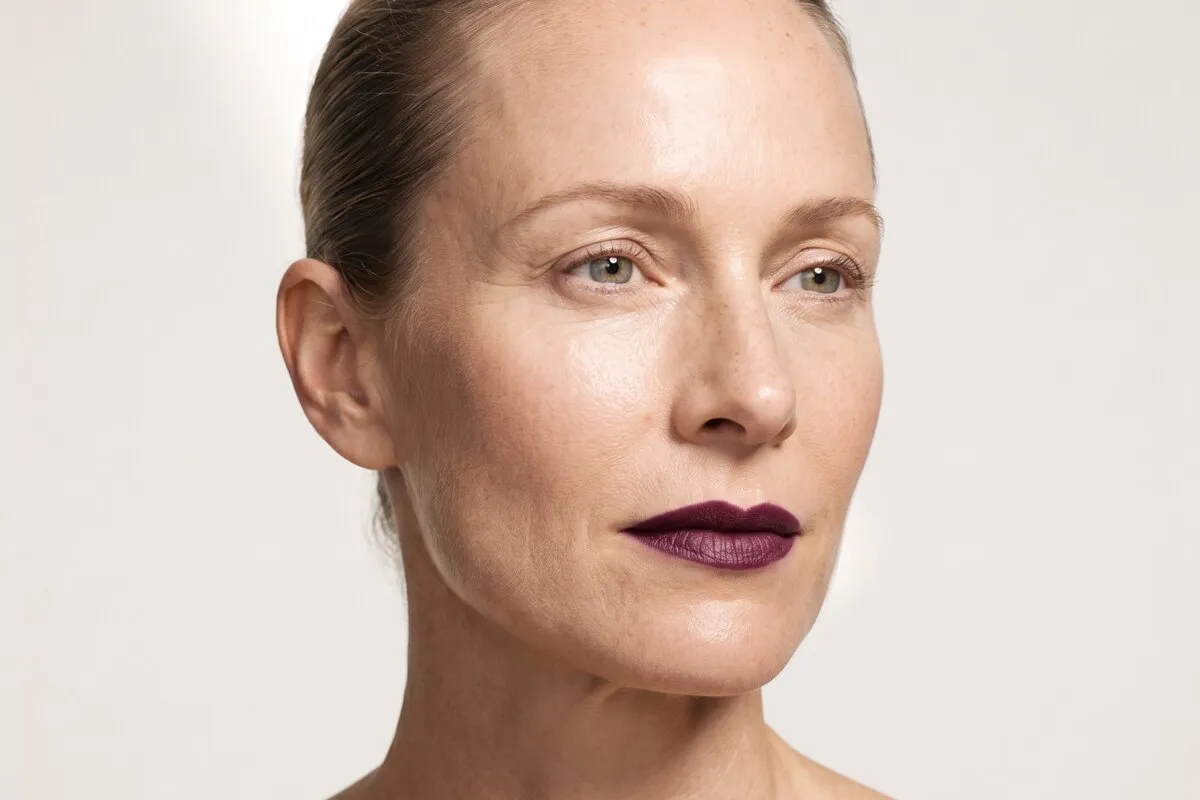 Studio beauty portrait, a woman in her fifties, head and shoulders against a neutral backdrop, skin texture unretouched.