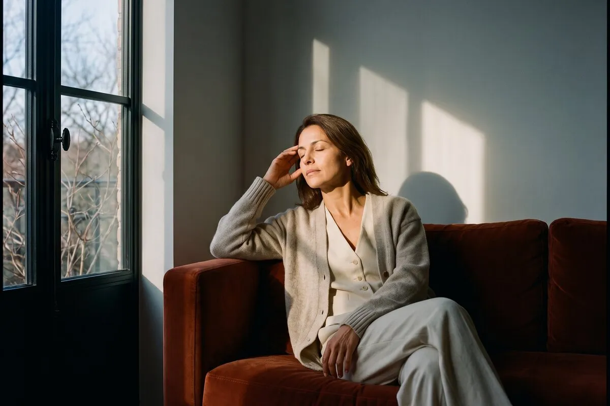 Interior photograph, a dark-haired woman in her fifties, seated on a sofa, window light falling across the wall behind her.