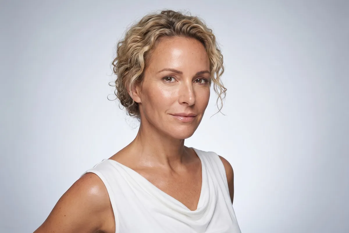 Composed studio portrait, a fair-haired woman in her forties with short curls, head and shoulders against a pale grey backdrop.