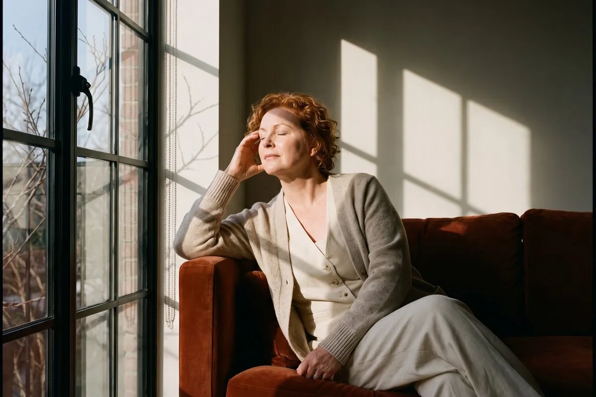 Interior photograph, a red-haired woman in her fifties, seated on a sofa, window light falling across the wall behind her.