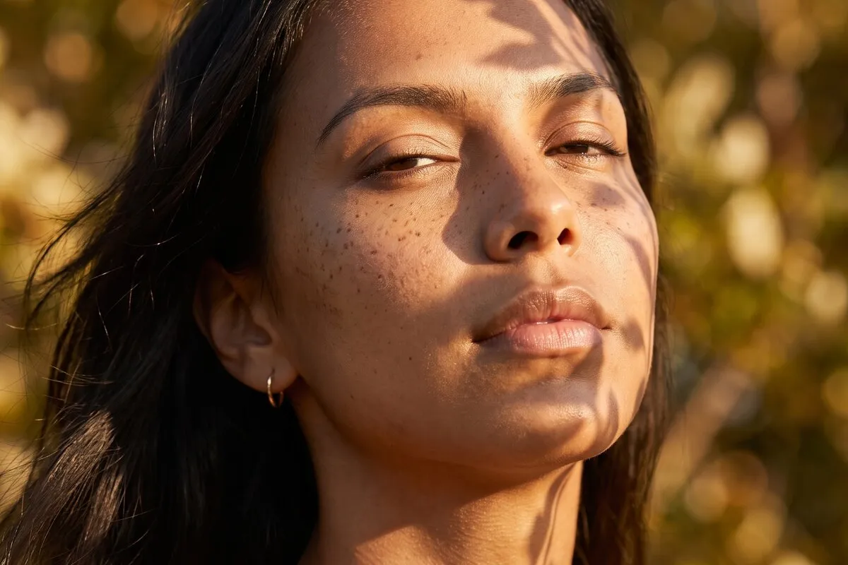 Daylight portrait, a dark-haired woman in her twenties, dappled leaf shadow falling across the face and neck.