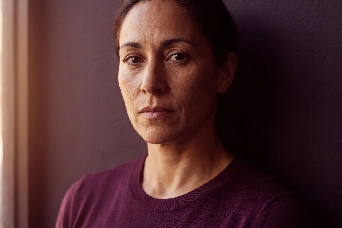 Studio portrait, a woman in her forties, against an aubergine backdrop in a matching knit, low warm light.