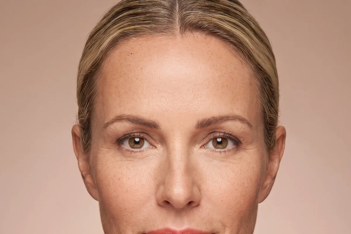 Symmetrical studio headshot, a fair-haired woman in her forties, plain backdrop, no styling.