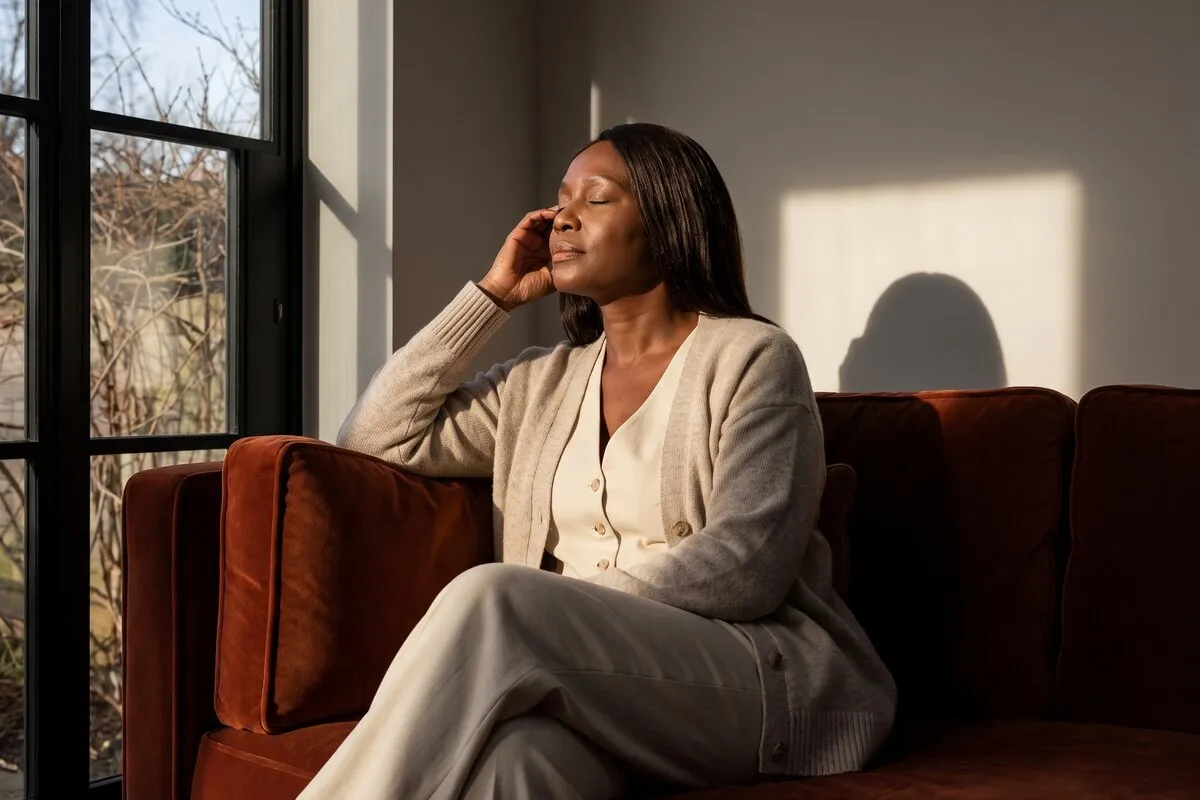 Interior photograph, a woman in her fifties, seated on a sofa, window light falling across the wall behind her.