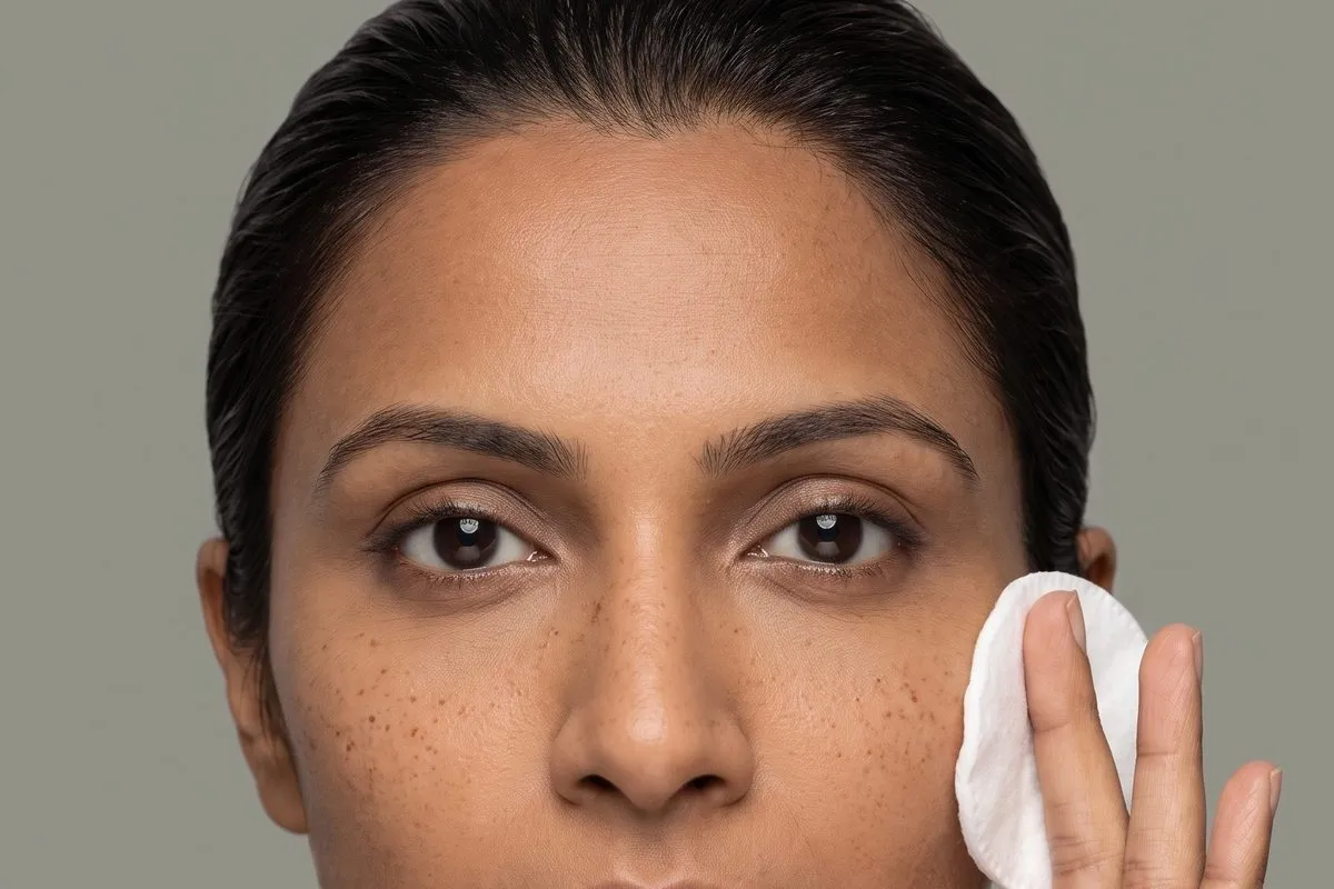 Studio photograph, a dark-haired woman in her thirties, removing cleanser with a cotton pad, bare skin unretouched.