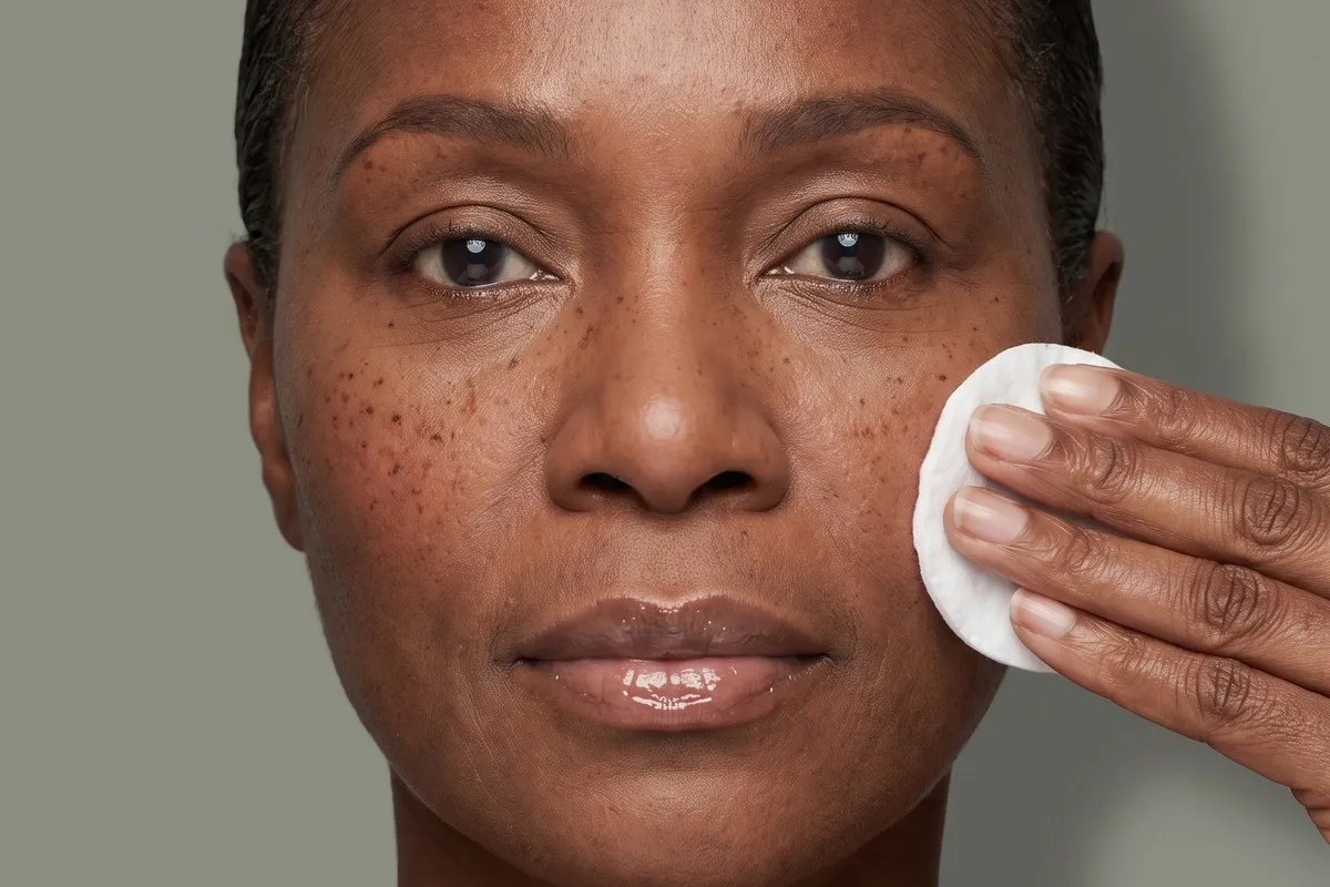 Studio photograph, a woman in her fifties, removing cleanser with a cotton pad, bare skin unretouched.