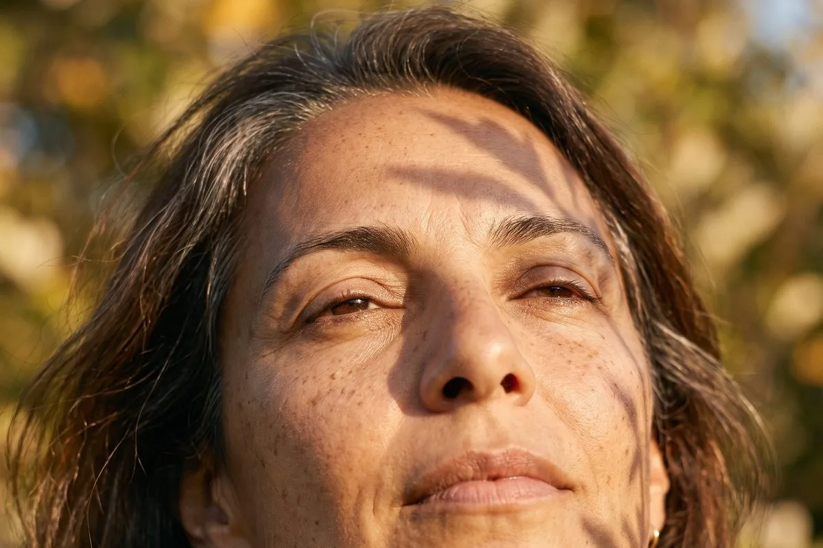 Daylight portrait, a dark-haired woman in her fifties, dappled leaf shadow falling across the face and neck, fine lines visible.