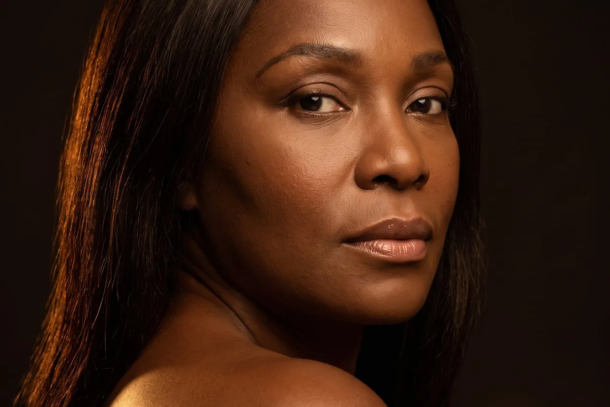Low-key studio portrait, a woman in her fifties with long dark hair, looking over one shoulder in warm light.