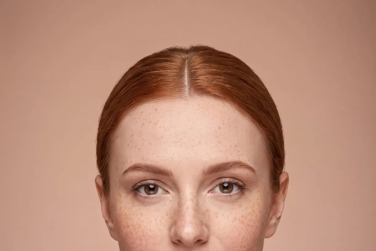 Symmetrical studio headshot, a red-haired woman in her twenties, plain backdrop, no styling.