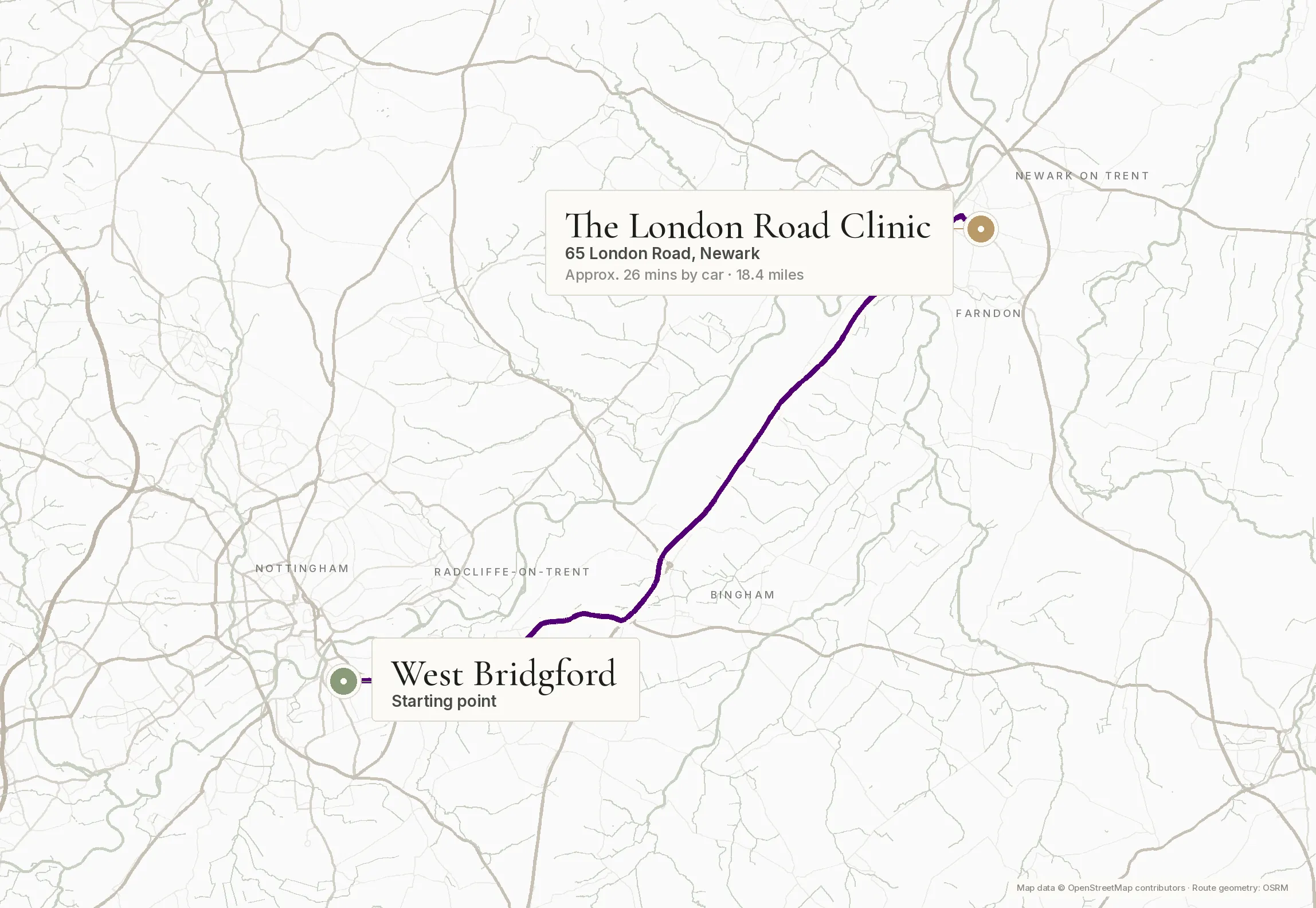 Route map of the A52 and A46 drive east from West Bridgford to The London Road Clinic at 65 London Road, Newark, passing Radcliffe on Trent and Bingham. Around 18 miles.