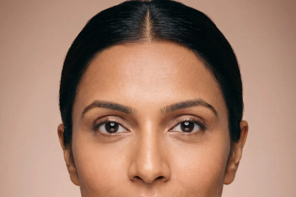 Symmetrical studio headshot, a dark-haired woman in her thirties, plain backdrop, no styling.